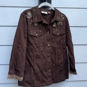 Quacker Factory Brown Denim Jacket w Pearl Rhinestones Women’s Size XS X Small